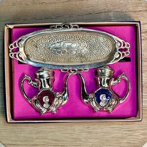 Vintage Illinois Tea Pot Silver Serving Tray Salt & Pepper Shakers Made In Japan
